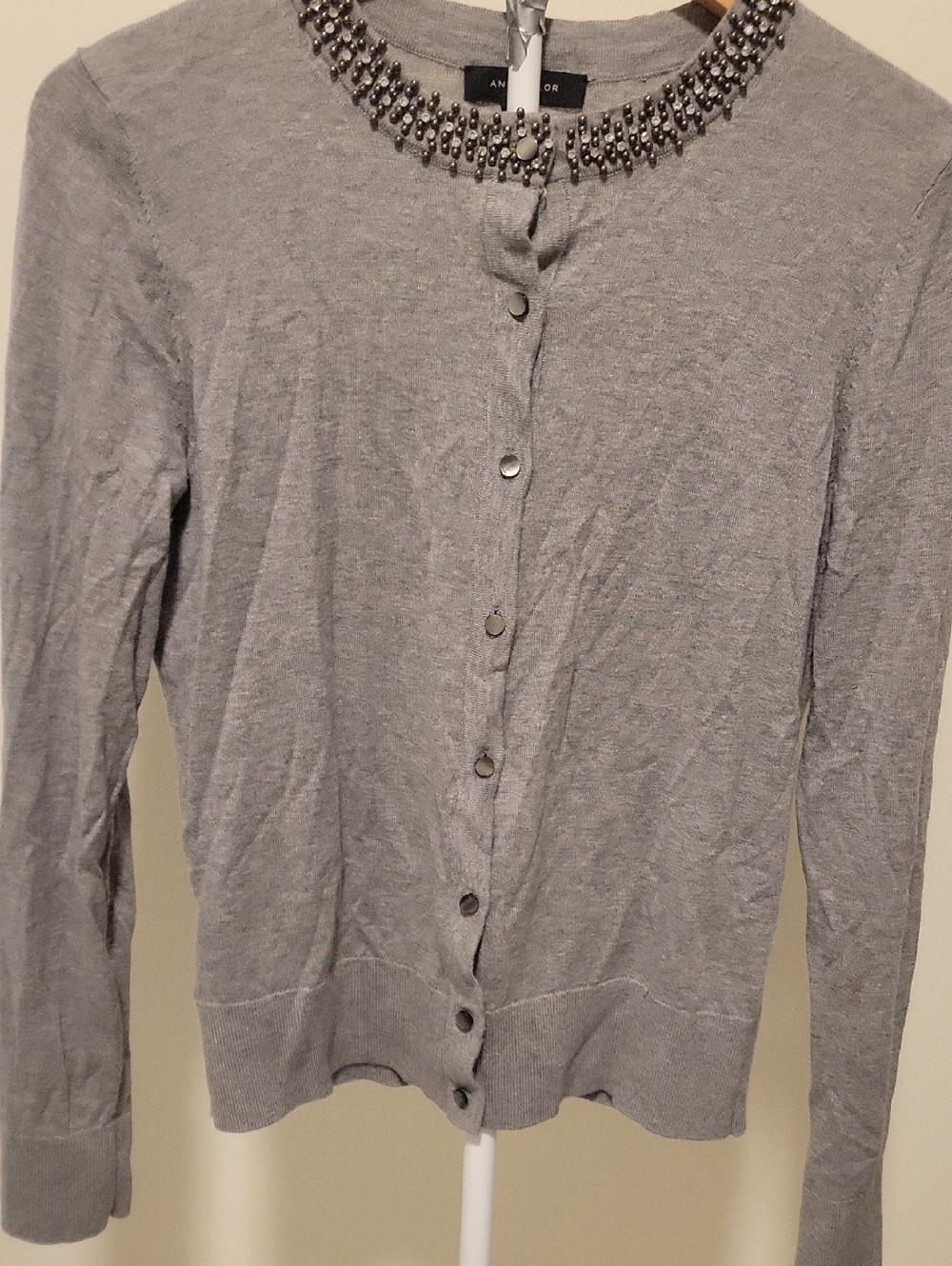 Embellished Round Neck Gray Cardigan